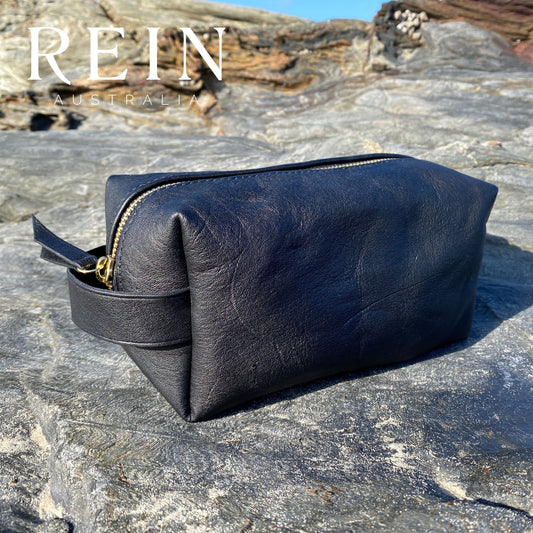 Upcycled Leather Toiletry Bag - Black